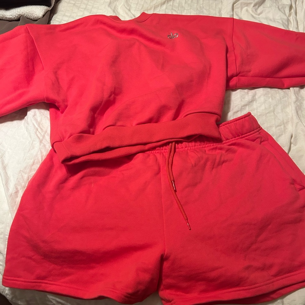 ALO Yoga Red Sweatshirt and Shorts Set